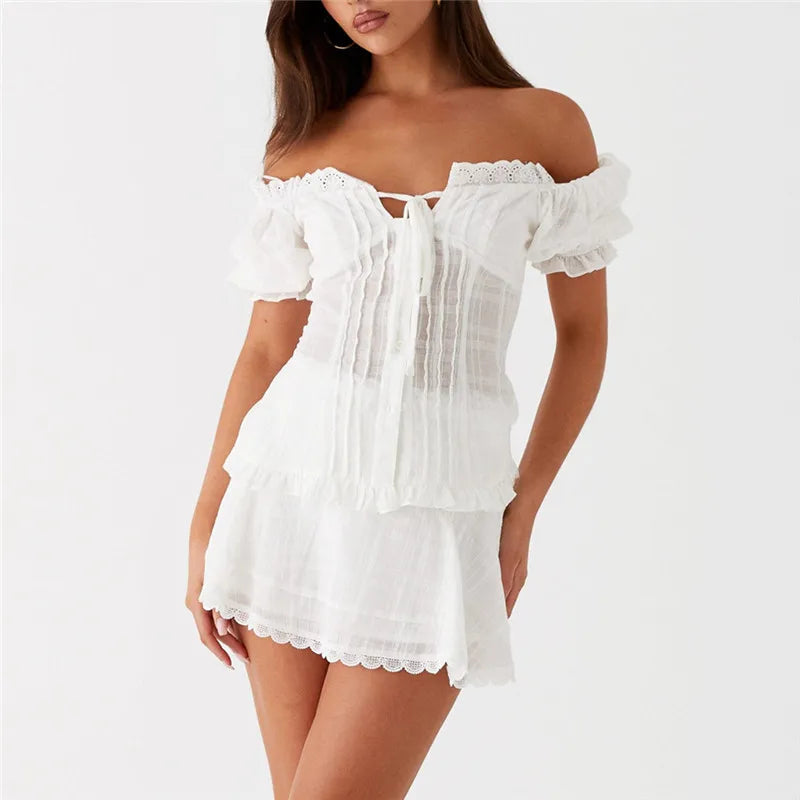 LIZAKOSHT  -  Women Aesthetic Skirts Set Y2k Ruched Button Up Crop Top + Skirt Vintage Puff Sleeve Milkmaid Tees Sweet Girl Streetwear