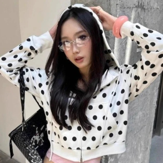LIZAKOSHT  -  Autumn Vintage Polka Dot Casual Drawstring Hoodie Harajuku Harajuku Grunge Loose Sweatshirts Women Y2k Aesthetic Zipper Hoody
