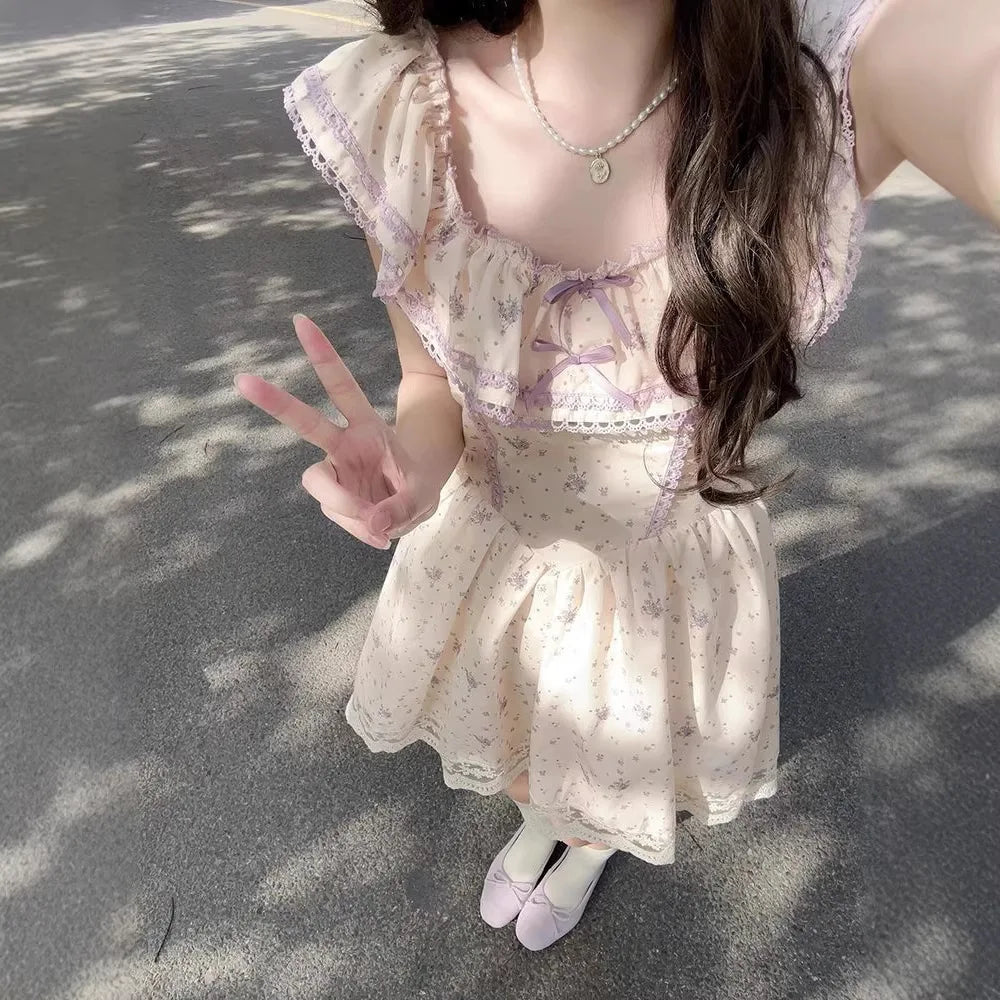 LIZAKOSHT  -  Floral Print Mini Dress Women's French Style Puffy Sleeve Fresh Gentle Short Skirt Pure Desirable Sexy Casual Daily Wear
