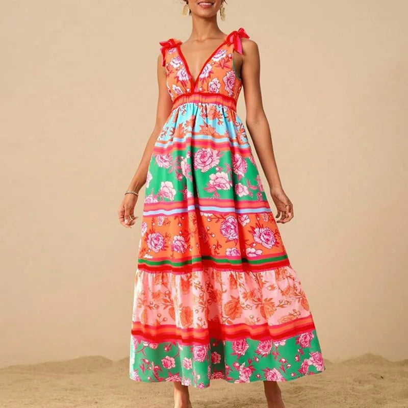 LIZAKOSHT  -  Women Fashion Print Loose Holiday Beach Dress Spring Double V Neck Backless Long Dress Summer Tie-up Sling Boho Maxi Dress Mujer