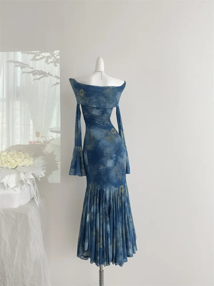 LIZAKOSHT  -  Princess IronFan Elegant Fishtail Off Shoulder Dress Gentle Slash Neck Print Long Flare Sleeved Bodycon Dresses Evening Party
