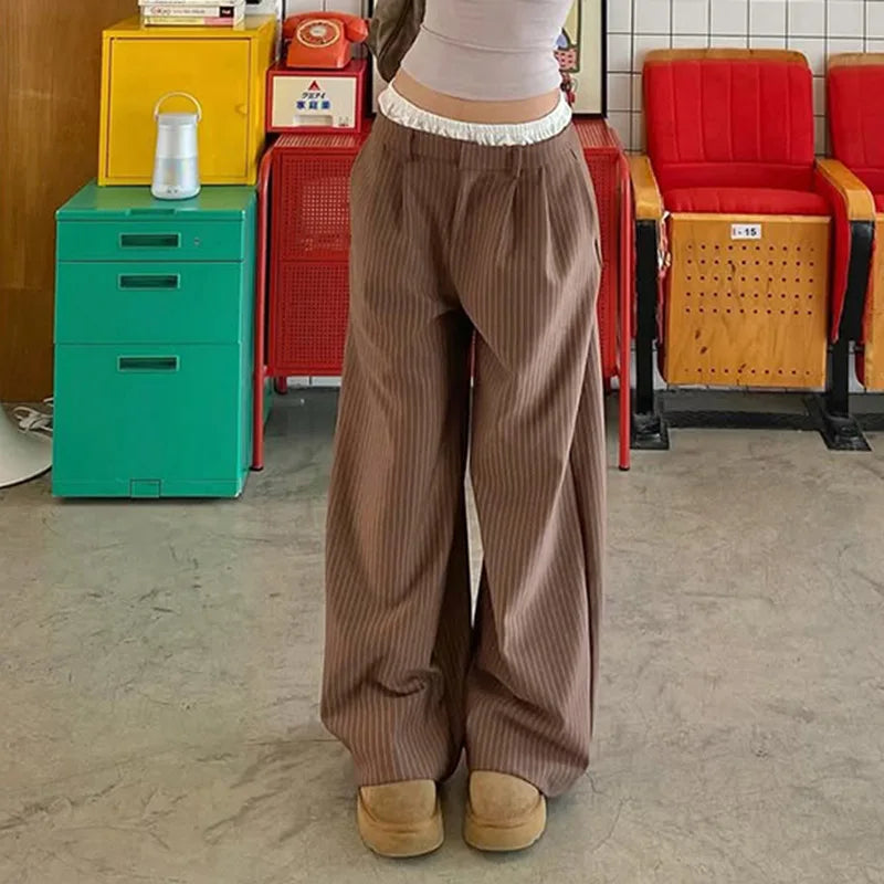LIZAKOSHT  -  Summer New Cross Border Waist Patch Stripe Casual Pants Simple Drape Contrast Straight Suit Pants
