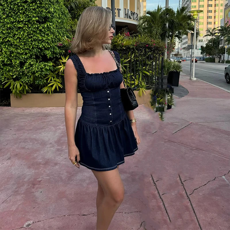 LIZAKOSHT  -  Vintage Women Cinching Waist  Denim Slip Pleated Dress Dark Blue A-line Strap Skirts Distressed Street Wear Casual Jeans Dress