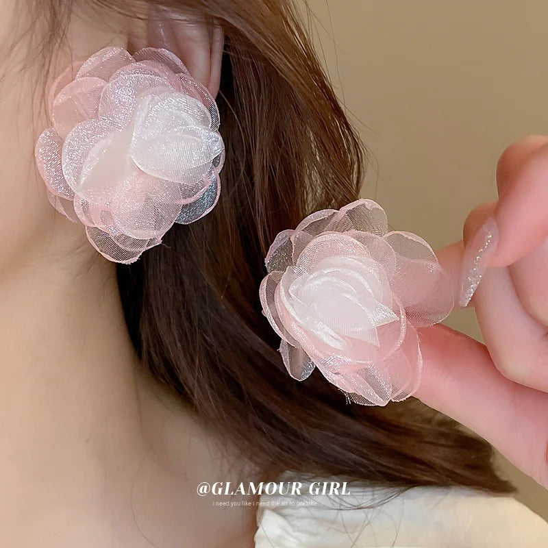 LIZAKOSHT -  Exaggerated Big Mesh Flower Stud Earrings For Women 3 Colors Romantic Party Wedding Earrings Fashion Jewelry Girls Gift