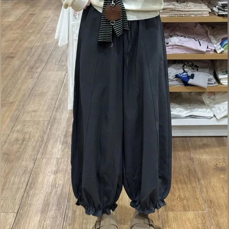 LIZAKOSHT  -  Casual Sweet Bloomers Pants Women High Waist Loose Vintage Ruffle Wide Leg Trouser All Match Lace Up Solid Harajuku Harem Pants