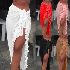 LIZAKOSHT  -  Sweet Ruffls Slit Beach Bikini Cover Up Sexy Transparent Chiffon One Piece Wrap Scarf Swimwear Solid Color All Match Long Skirts
