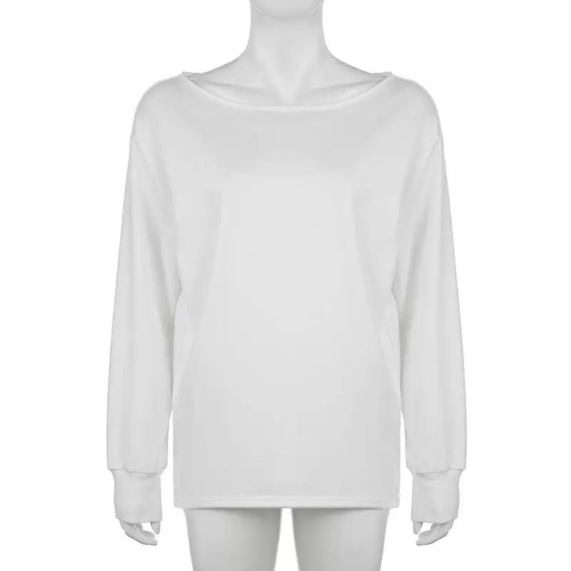 LIZAKOSHT  -  Long-Sleeved Slant Collar Off-Shoulder Solid Color Basic Versatile Loose Sweatshirt Women'S Lazy Style Slimming Outer Top