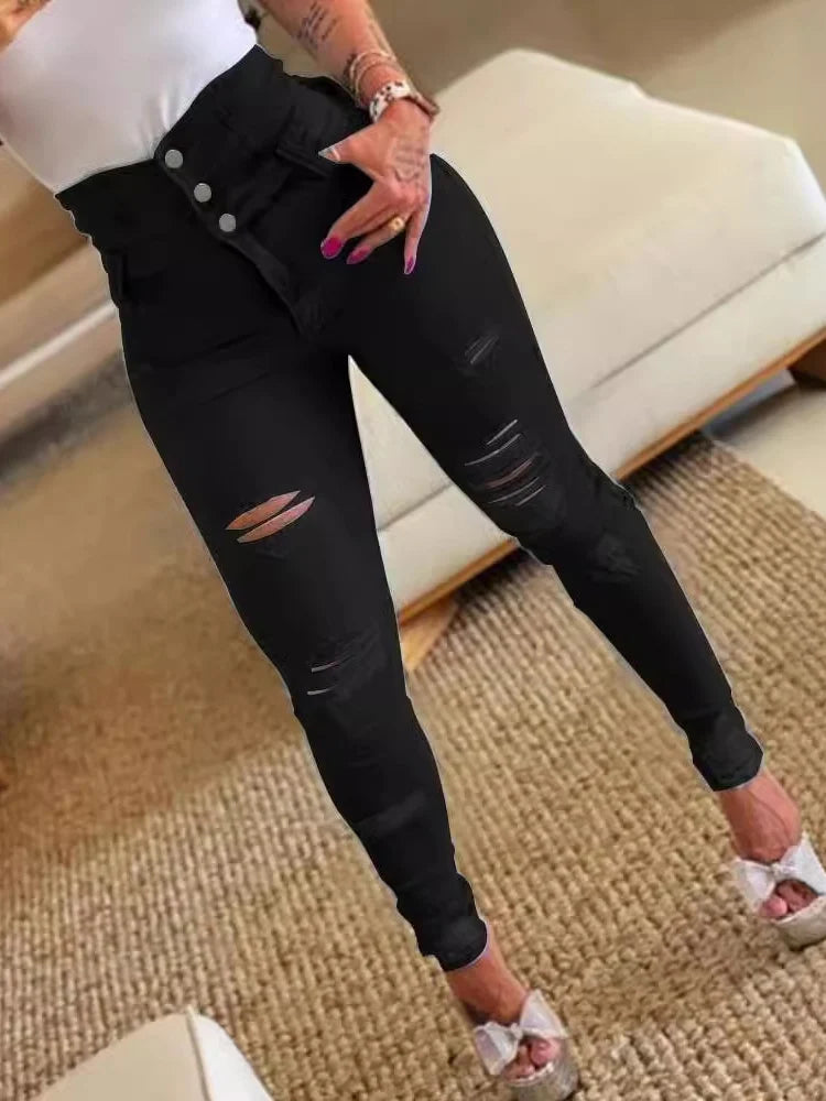 LIZAKOSHT  -  Y2K Womens High Waist Denim Pants Spring Autumn High Elasticity Slimming Piercing Small Leg Pants