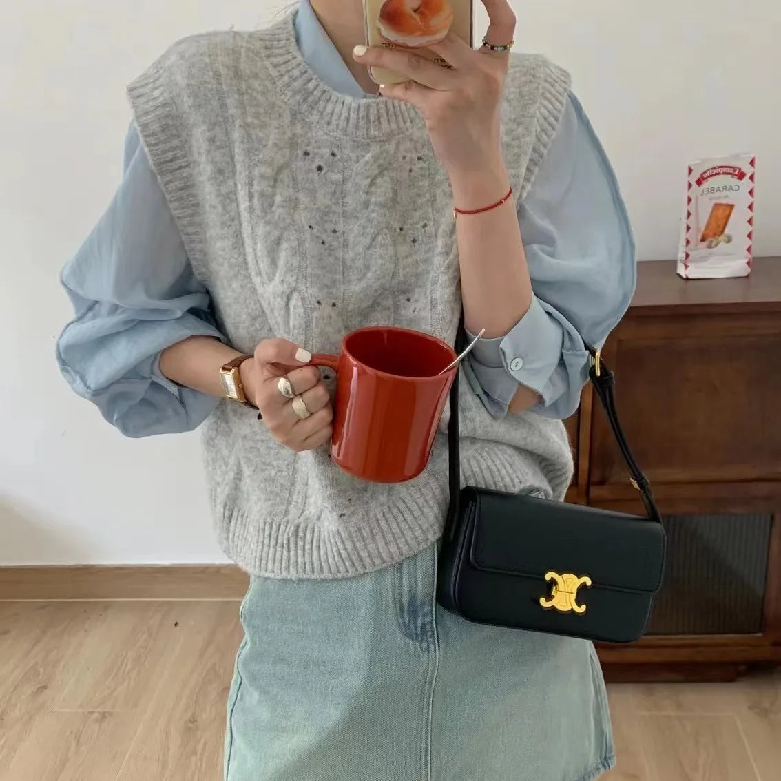 LIZAKOSHT  -  Milk Gentle Crewneck Sweater Vest Female Autumn and Winter New Korean Loose Soft Waxy Waxy Fold Wear Sweater Vest Top