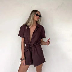 LIZAKOSHT  -  Shirt-Collar Romper Solid Tie-Waist Shorts Jumpsuit with Pockets Casual Sleeveless One Piece Outfit Office Romper