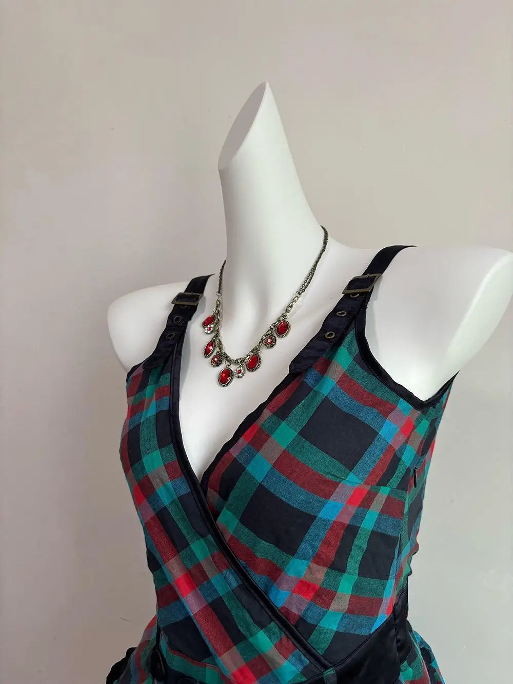 LIZAKOSHT  -  Vintage Dresses 2000s Y2k Summer Goth Punk Mini Skirt Plaid American Harajuku Hot girl V-Neck Womens High Street Grunge Emo Chic