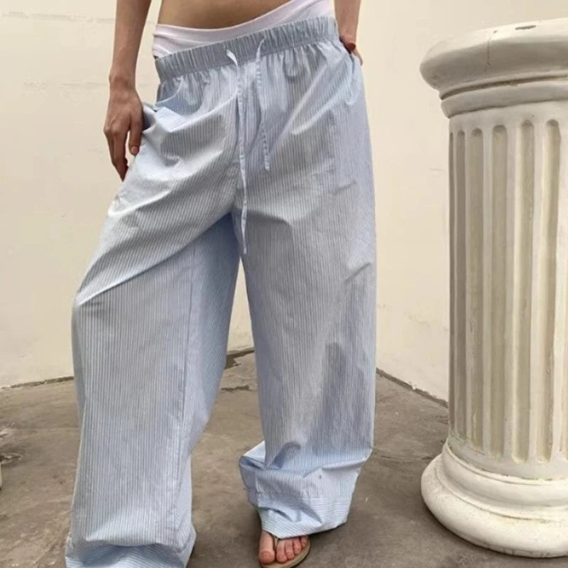 LIZAKOSHT  -  Oversized Y2k Striped Woman's Pants Baggy Harajuku Old Money Casual Basic Trousers Korean Fashion Wide Leg Elastic Waist