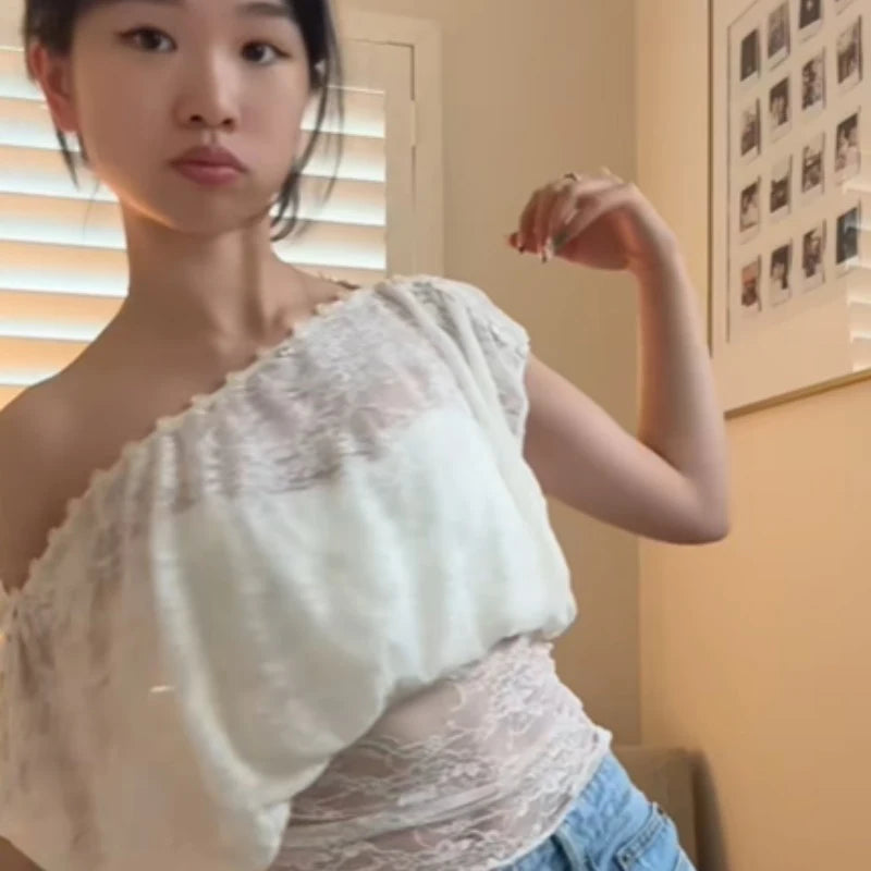 LIZAKOSHT  -  Stylish Delicate Lace Off Shoulder Short Tops Holiday Style Buttons Waist-cinching Shirts Lady Club Party Popular Streetwears