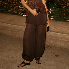 LIZAKOSHT  -  Women's Long Bloomers Layered Skirted Pants with Belt Tied Sheer Balloom Mid Rise Sheer Slips Bubble Culottes Bottoms