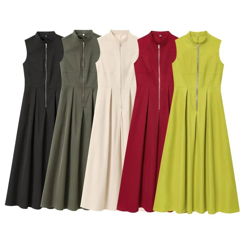 LIZAKOSHT  -  Solid Color Fashion Long Dresses for Women Zip Sleeveless Maxi Dress Woman Summer Holiday Ruched Party French Style Female Dress