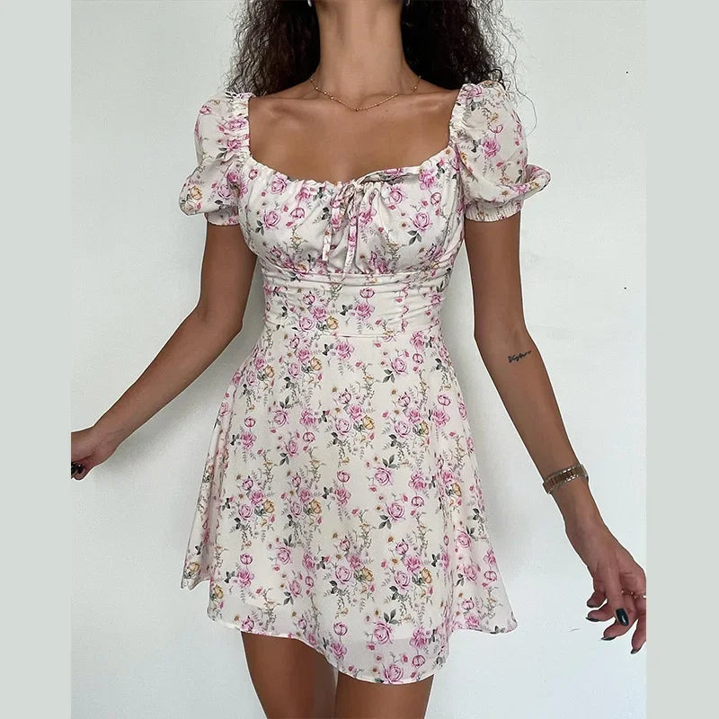 LIZAKOSHT  -  Women Boho Dress Short Sleeve Flower Print Lacing Sundress Summer A-line Dress Vacation Holiday Outfit Female Clothes Streetwear