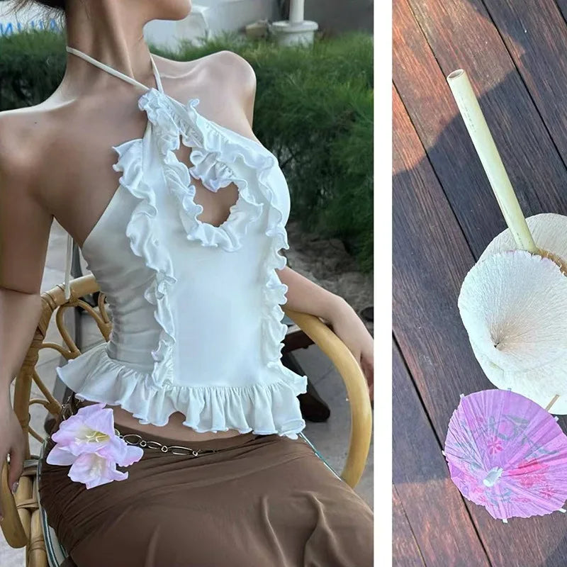 LIZAKOSHT  -  Fashion Elegant 2-Piece Set Women Cross Halter Hollow Ruffles Irregular Hem Vests+Folds Mesh Long Skirt Vacation Matching Suits