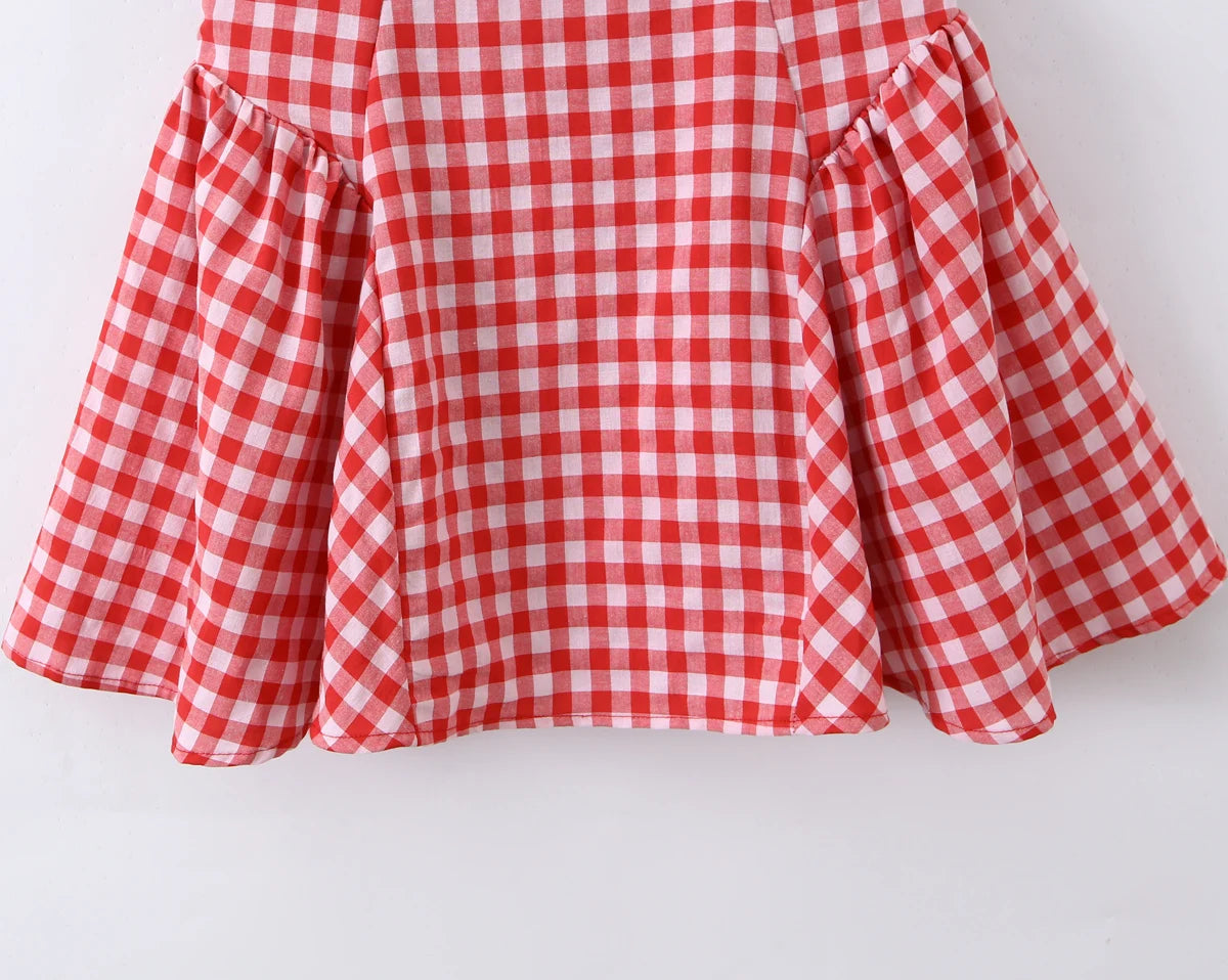LIZAKOSHT  -  Sexy Red Gingham Plaid Mini Sleeveless Dress Women Bow O Neck Zipper Back Low Waist Ruched Hem Swing Tank Dresses Vestidos Black