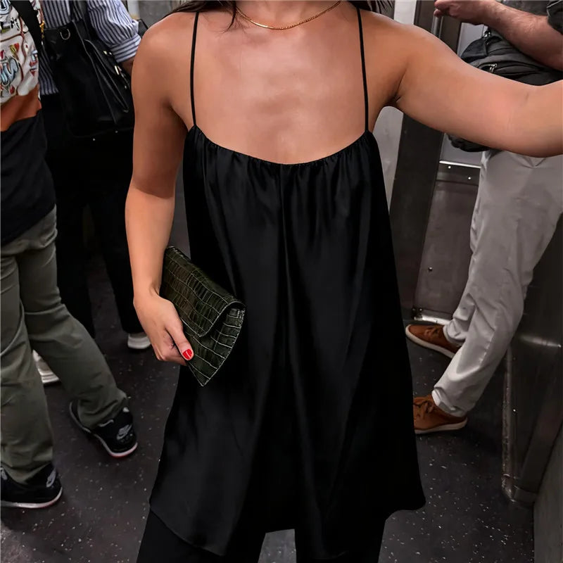 LIZAKOSHT  -  Summer High Street Stylish Solid Color Sleeveless Square Neck Spaghetti Strap Fashion Vest Women's Satin Silk Camisole Tops