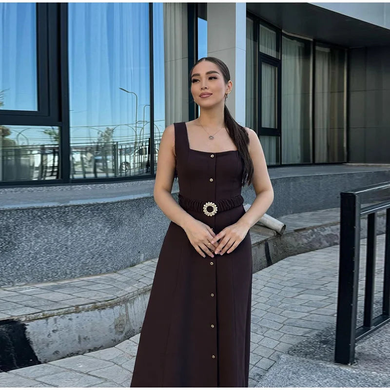LIZAKOSHT  -  Elegant Single-Breasted Belt Sling Dress Women Fashion Sleeveless Waist-Cinching Pleated Robe 2025 Female Office New Dresses