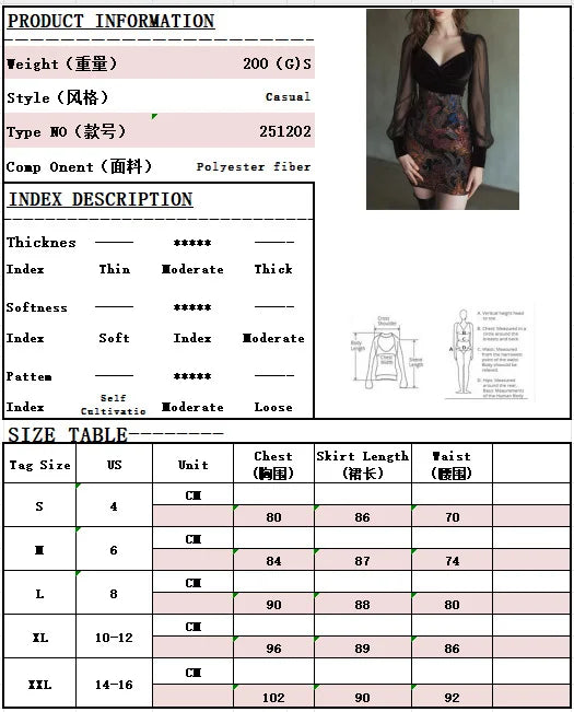 LIZAKOSHT  -  Sexy Transparent Mesh Stitching Long-sleeved Dress Women's Temperament Waist V-neck Wrap Hip Dress Spring Geometric Print Skirt