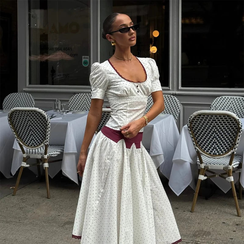 LIZAKOSHT  -  Solid Polka Dot Long Skirt Suit Women U Neck Short Sleeves Lace Ruffle Waist Cinching 2-piece Set Lady Summer Holiday Outfit New