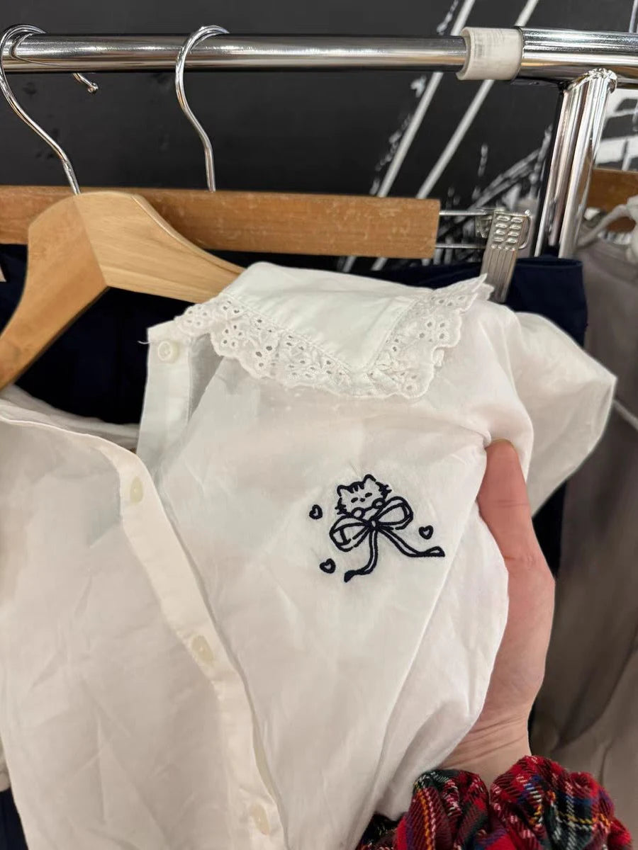 LIZAKOSHT  -  New Cat With Bow Embroidery Tshirt Woman Lace Trim Turn Down Collar Single Brested Shirts White Cotton Cute Puff Sleeve Tee Tops