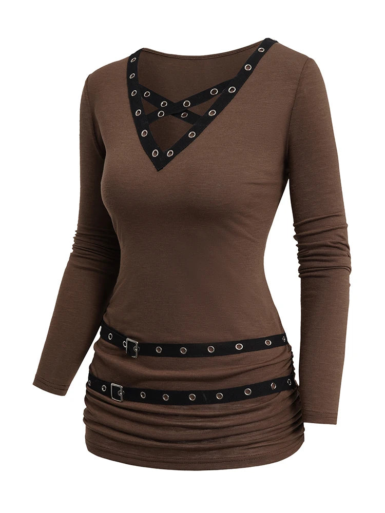 LIZAKOSHT  -  Women Spring Shirts Long Sleeve V Neck Belt Casual Solid Color Top Ropa Para Mujer