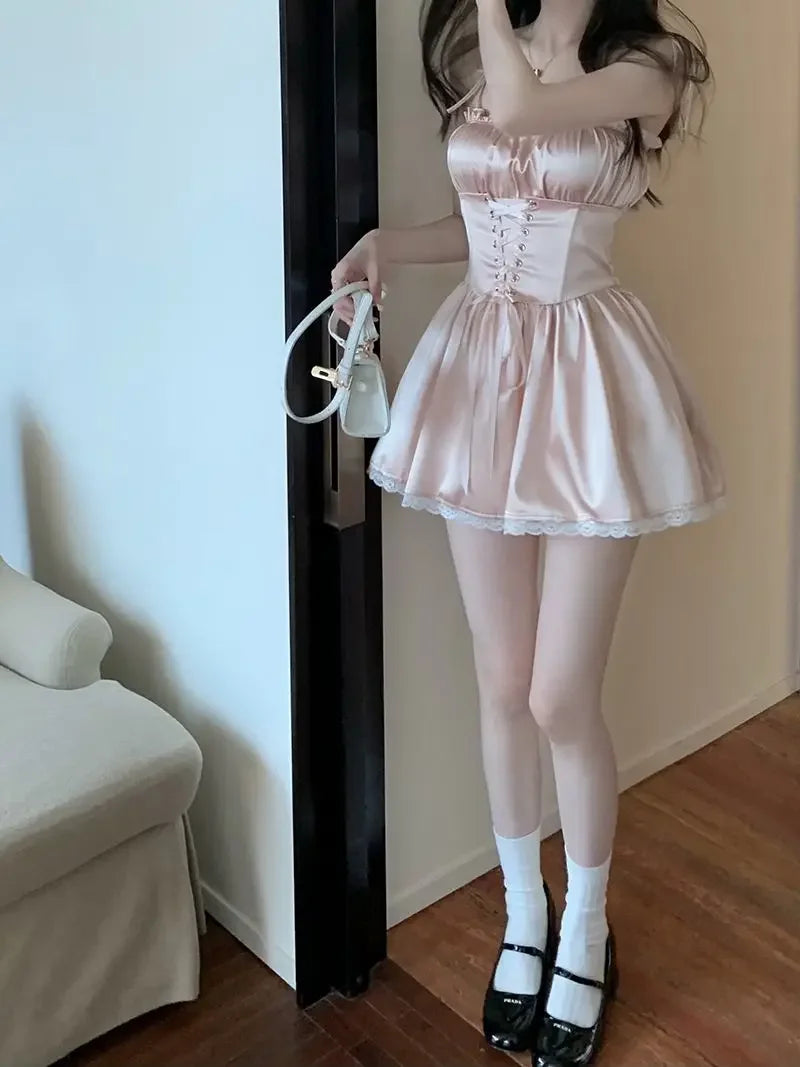 LIZAKOSHT  -  French Sweet Ins Strap Waist Design Suspender Skirt Splicing Slim Lace
