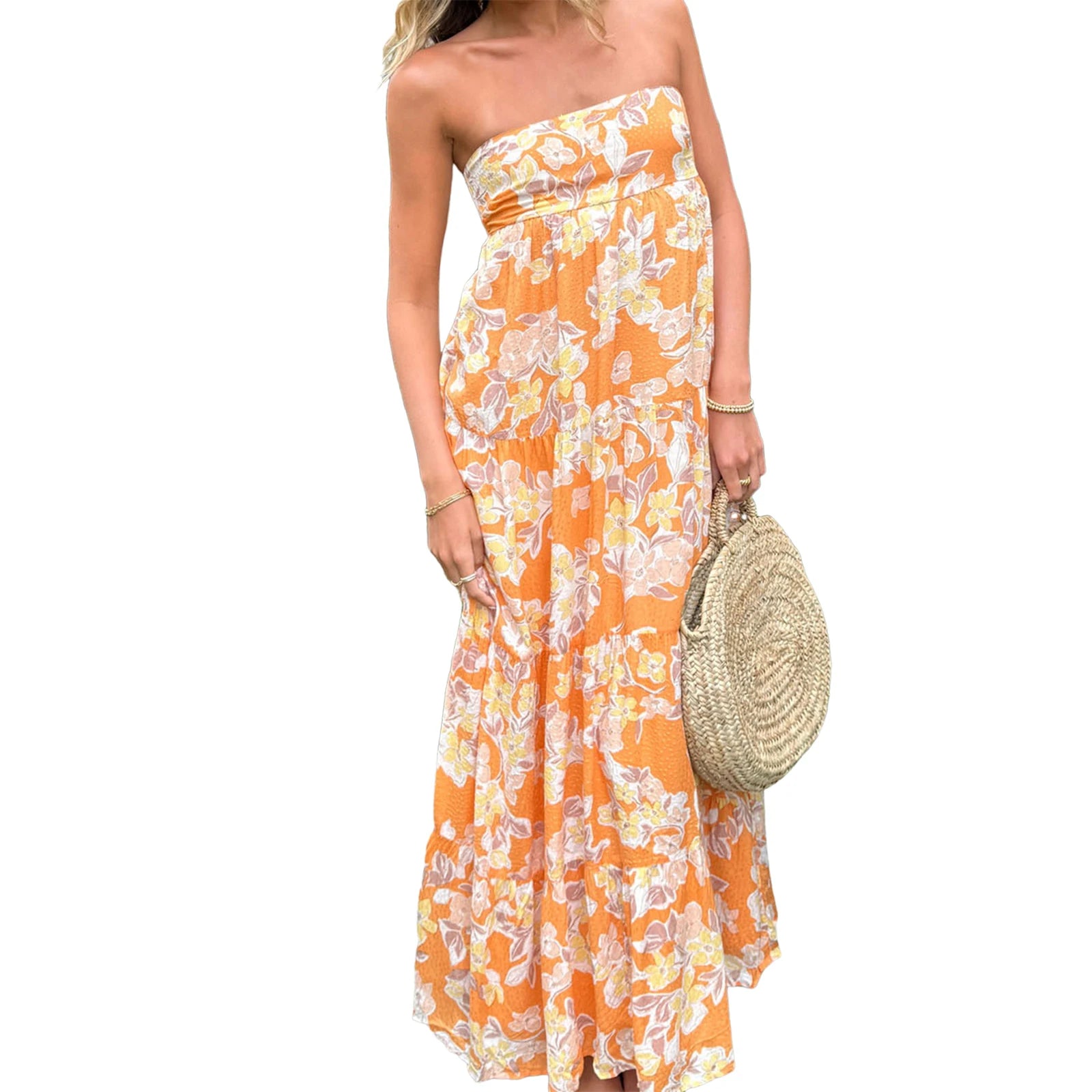 LIZAKOSHT  -  Elegant Off-Shoulder Maxi Dress with Boho Floral Print and Lace-Up Back Detail for Summer Wedding Party or Vacation Beachwear