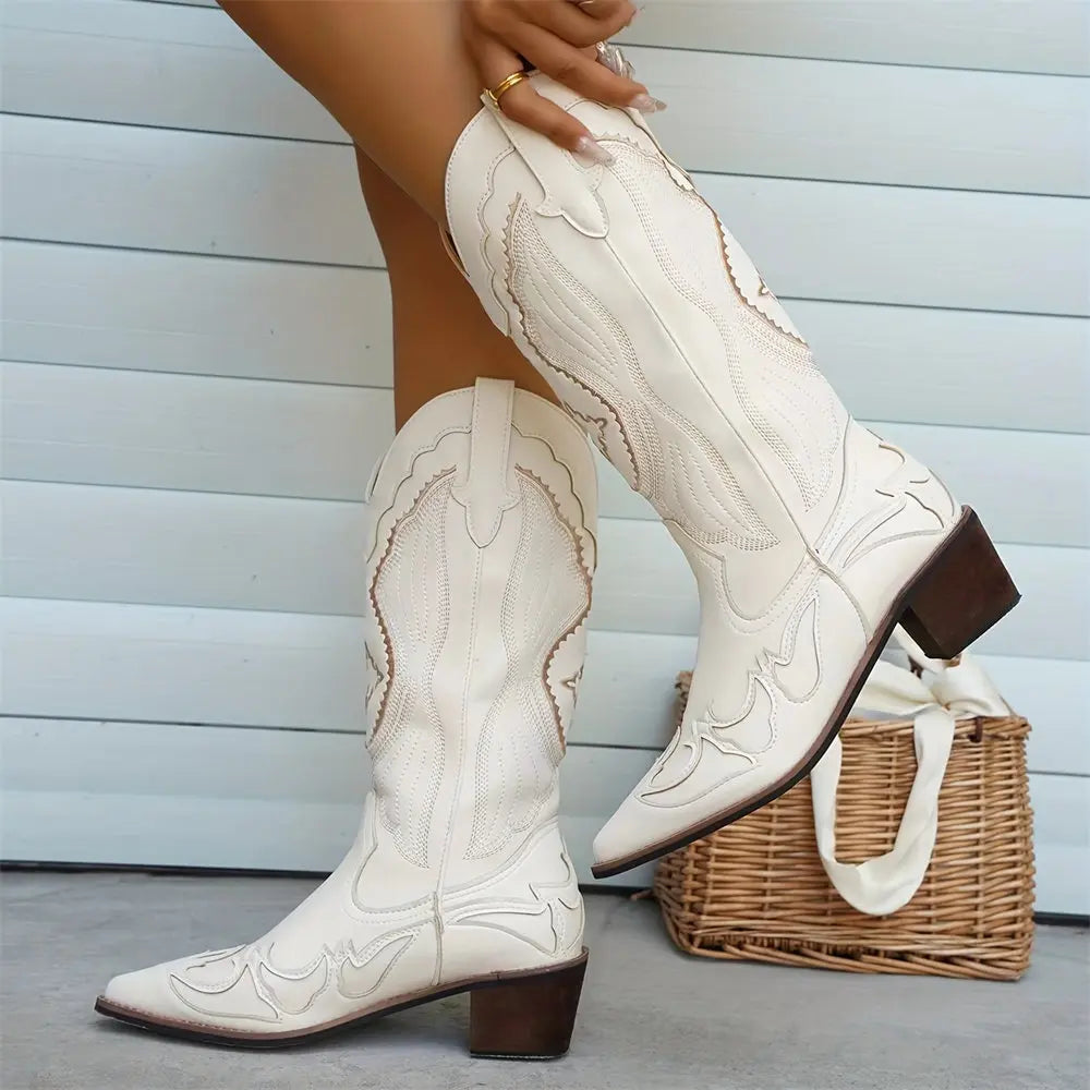 LIZAKOSHT  -  Retro Western Boots Vintage Cream Cowboy Boots Women Shoes Embroidered Pull On Chunky Heels Mid Calf Black Cowgirls Boots