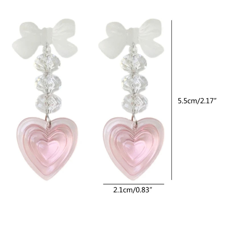 LIZAKOSHT  -  Pink Heart Pendant Earrings Sweet Temperament Bowknot Earrings Long Crystal Earrings Statement Jewelry