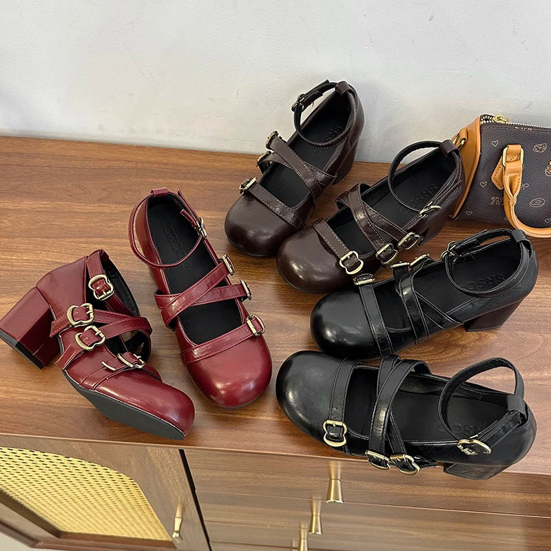 LIZAKOSHT  -  Design Cross Strap Women Mary Jane Shoes Fashion Thick Heel Shoes Autumn Ladies Outdoor Dress Stripper Leather Shoes