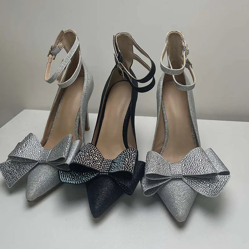 LIZAKOSHT  -  Butterfly Knot Pointed Toe Rhinestone Bling Women Pumps Crystal Solid Color Buckle Strap Sandals Fashion Western Female Shoes