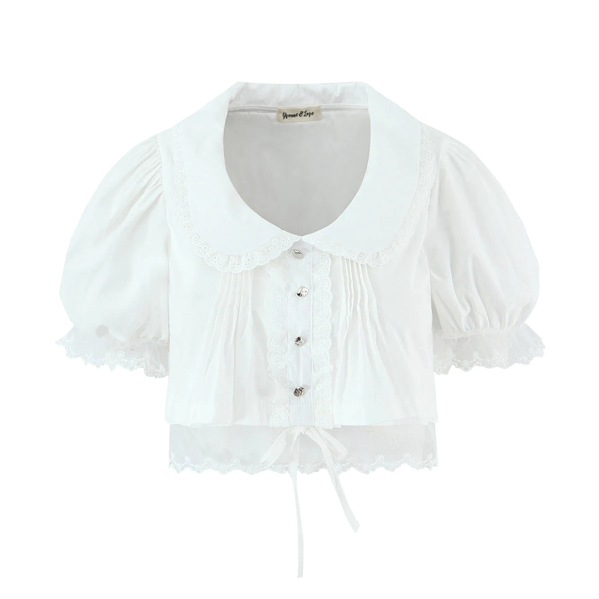 LIZAKOSHT  -  Stylish White Spliced Lace Short Puff Sleeve Shirt Women Peter Pan Collar Bow Hem Loose Crop Tops
