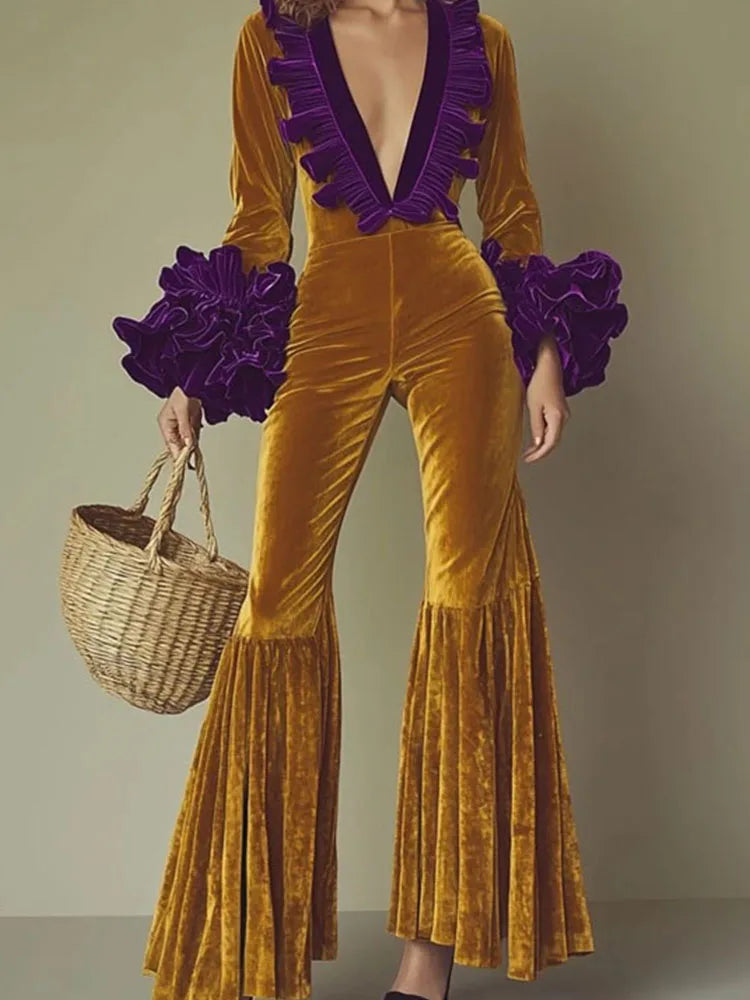 LIZAKOSHT  -  Casual V-neck Petal Sleeves Slim Fit Long Jumpsuit Fashion Hight Waist Flared Playsuit Lady Elegant Color Clashing Velvet Romper