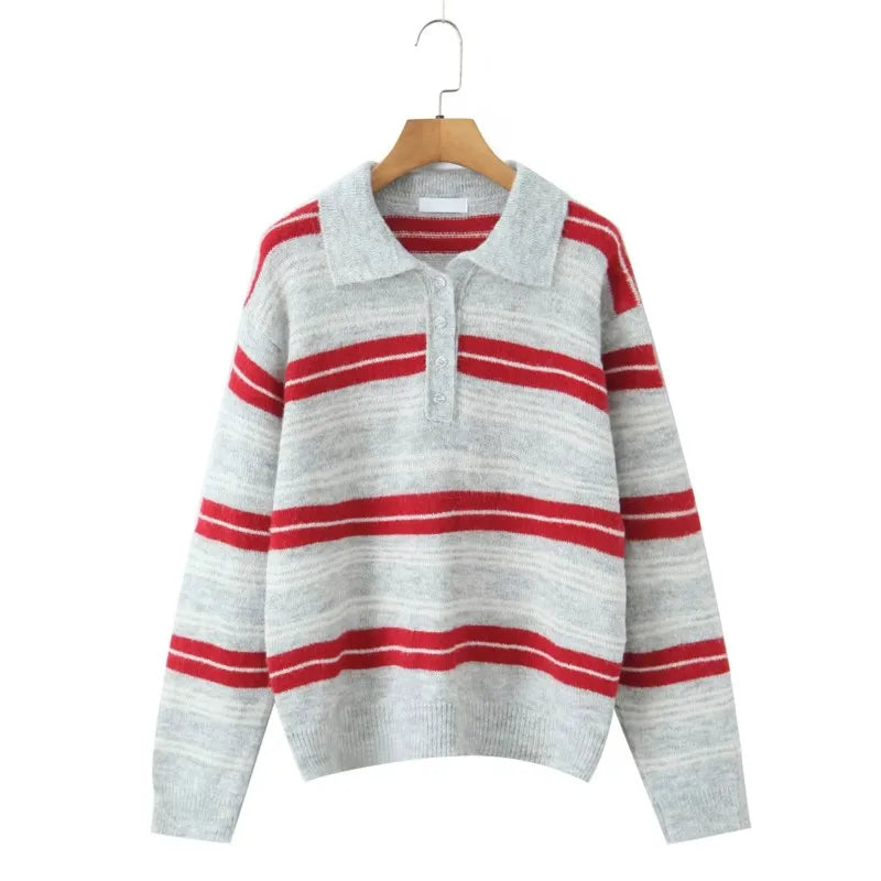 LIZAKOSHT  -  Fashion Knitted Striped Sweater Women 2025 New Autumn Vintage Loose Turndown Collar Pullover Casual Buttons Up Elegant Knitwear