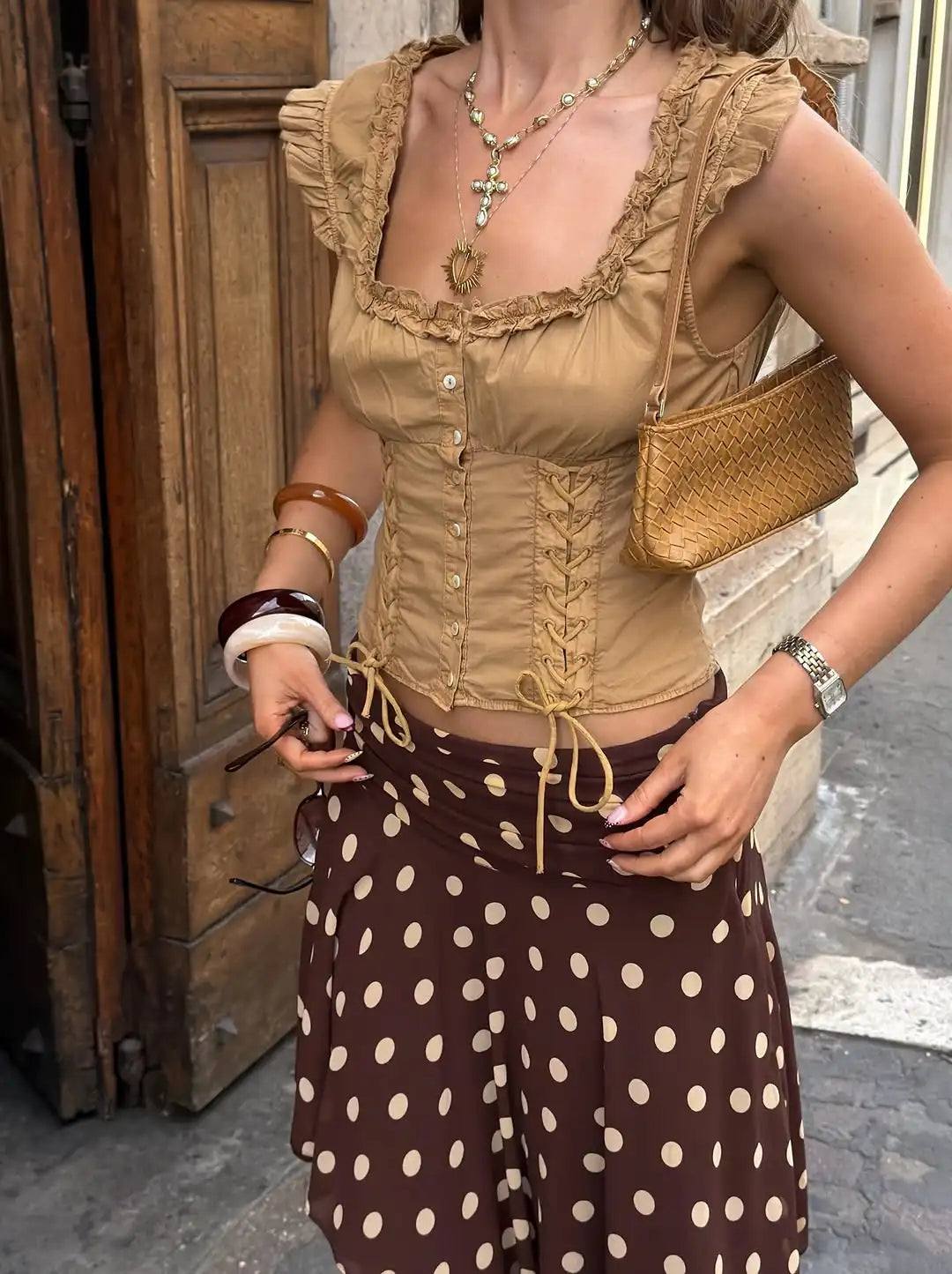 LIZAKOSHT  -  Brown Wide Shoulder Strap Square Collar Lace Up Top Single Breasted Waist Cinching Cropped Vest Women Summer Casual Tops