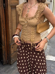 LIZAKOSHT  -  Brown Wide Shoulder Strap Square Collar Lace Up Top Single Breasted Waist Cinching Cropped Vest Women Summer Casual Tops