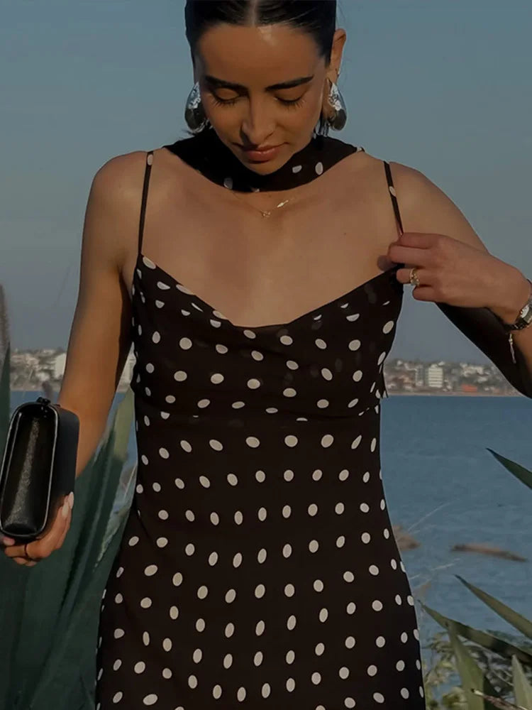 LIZAKOSHT  -  Halter Scarf Polka Dot Dress Pile Collar Slim Fit Suspender Lady Robes Beach Wrap Hip Fishtail Women's Camisole Long Dresses