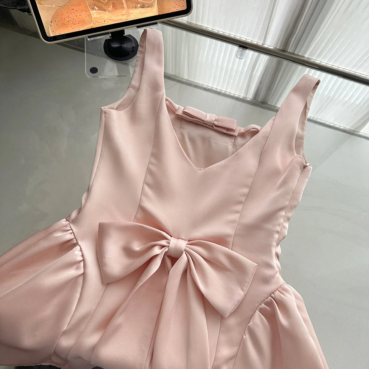 LIZAKOSHT  -  Summer Women Ballet Core Preppy Bow Satins A-line Dress Mini Frocks Backless One-Piece Evening Party Shoujo Gyaru Old Money