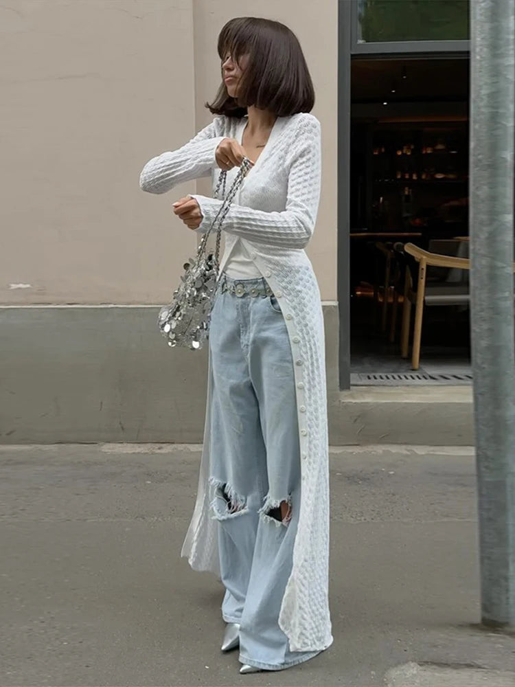 LIZAKOSHT  -  Deep V Cardigan Dresses Women Hollow Sexy Single-breasted Long Cardigan Summer White Slim-fit Long Sleeve Vacation Ladies Robe