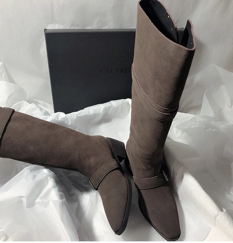 LIZAKOSHT  -  Fashion Vintage Women Western Knee High Boots Fashion Winter Belt Buckle Stripper Party Shoes Zapatos De Mujes