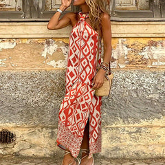 LIZAKOSHT  -  Chic Geometry Printed Casual Halter Dress Summer Sleeveless Loose Women's Vestidos Dress Elegant Hollow Out Split Evening Dress