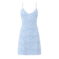LIZAKOSHT  -  Sexy Light Blue Floral Print V Collar Sling Mini Dress Women Backless Tie Bow Sashes Back A-Line Dresses Femme Vestidos Robe