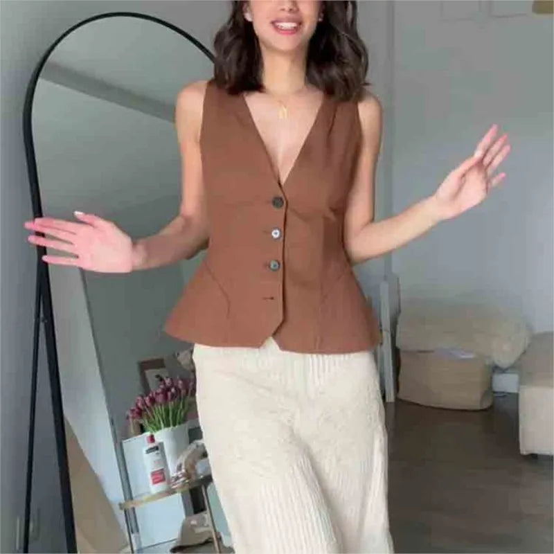 LIZAKOSHT  -  Fashion Slim Vest For Women Summer 2025 New Brown Single Breasted V-neck Sleeveless Waistcoat Sleeveless Office Casual Solid Top