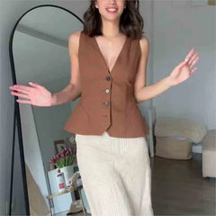 LIZAKOSHT  -  Fashion Slim Vest For Women Summer 2025 New Brown Single Breasted V-neck Sleeveless Waistcoat Sleeveless Office Casual Solid Top
