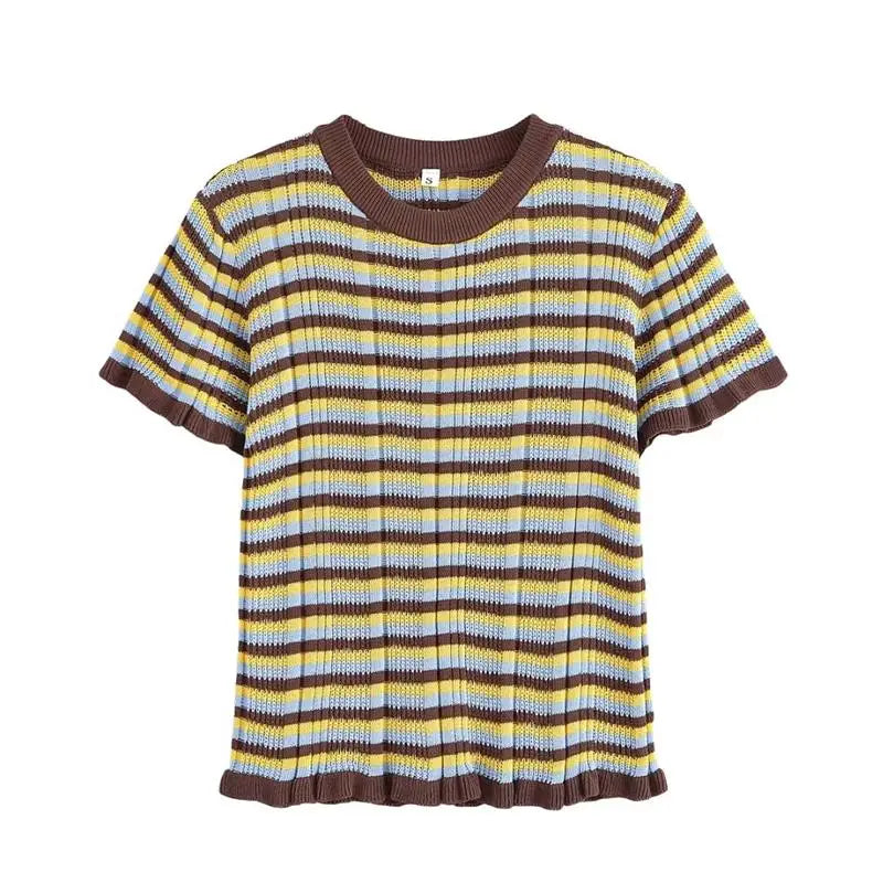 LIZAKOSHT  -  Summer Women's T-Shirt Tops 2025 New Chic Elastic Slim O-neck Striped Tops Women's Street Fashion Joker Youth Knitted T-Shirt