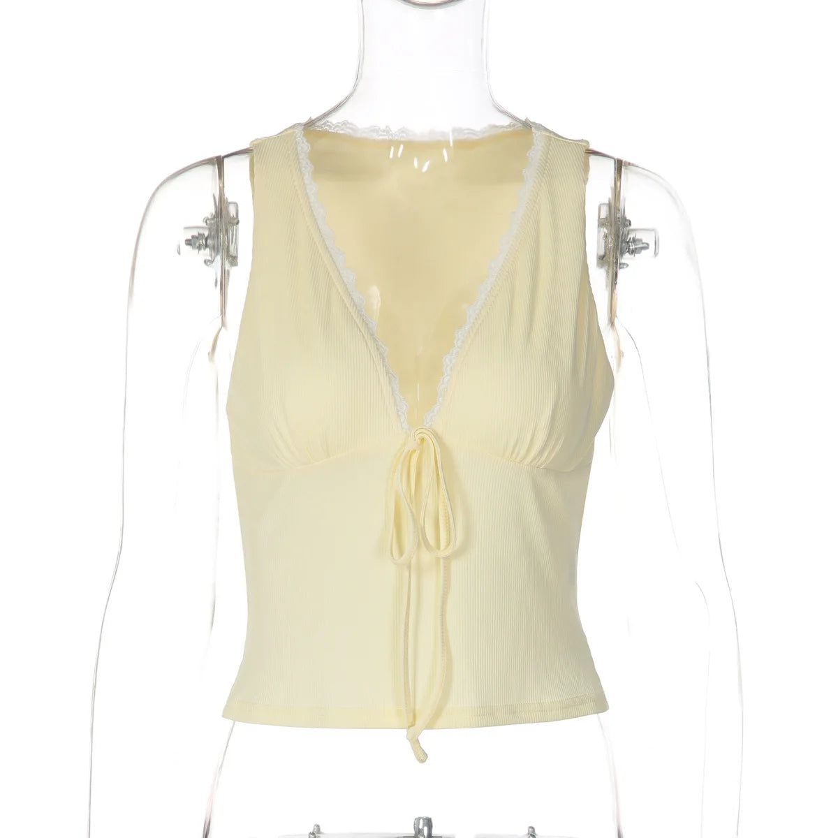 LIZAKOSHT  -  Woman Clothes Deep V-neck Yellow Tank Tops Sexy Sleeveless Lace Patchwork T-shirt Girls Y2K Corset Top Streetwear