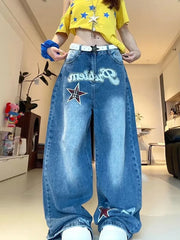 LIZAKOSHT  -  Streetwear Wide Leg Jeans Women Letter Star Print Vintage Harajuku Scimitar Trouser Loose Casual High Waist Patchwork Pants New